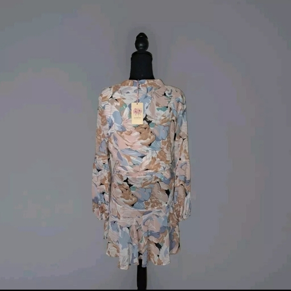 Entro Women Floral Peach Blue Mini Dress Boho Preppy Size Large NWT B25#2 - Picture 2 of 11